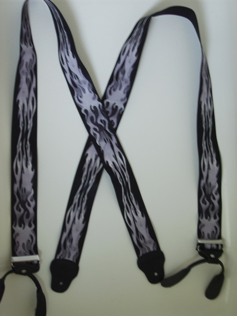 BUTTON-ON FLAMES GREY ON BLACK Suspenders 2 inches wide and 48 inches long UA120N48FLGY
